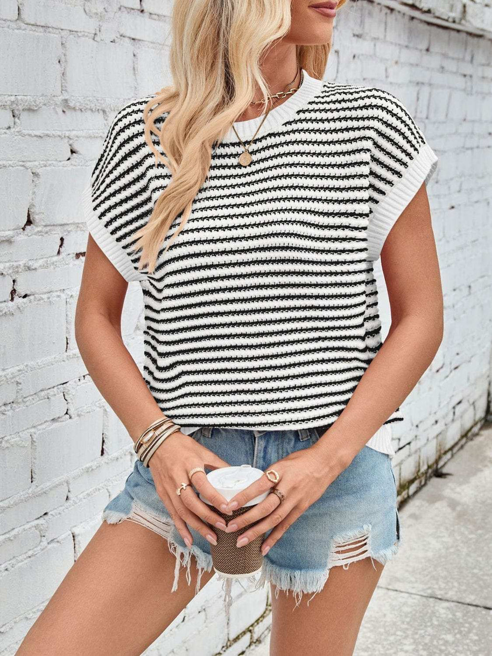 Lovelet Striped Round Neck Cap Sleeve Sweater - Trendsi - Flyclothing LLC