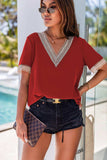 Contrast V-Neck Blouse - Trendsi - Flyclothing LLC