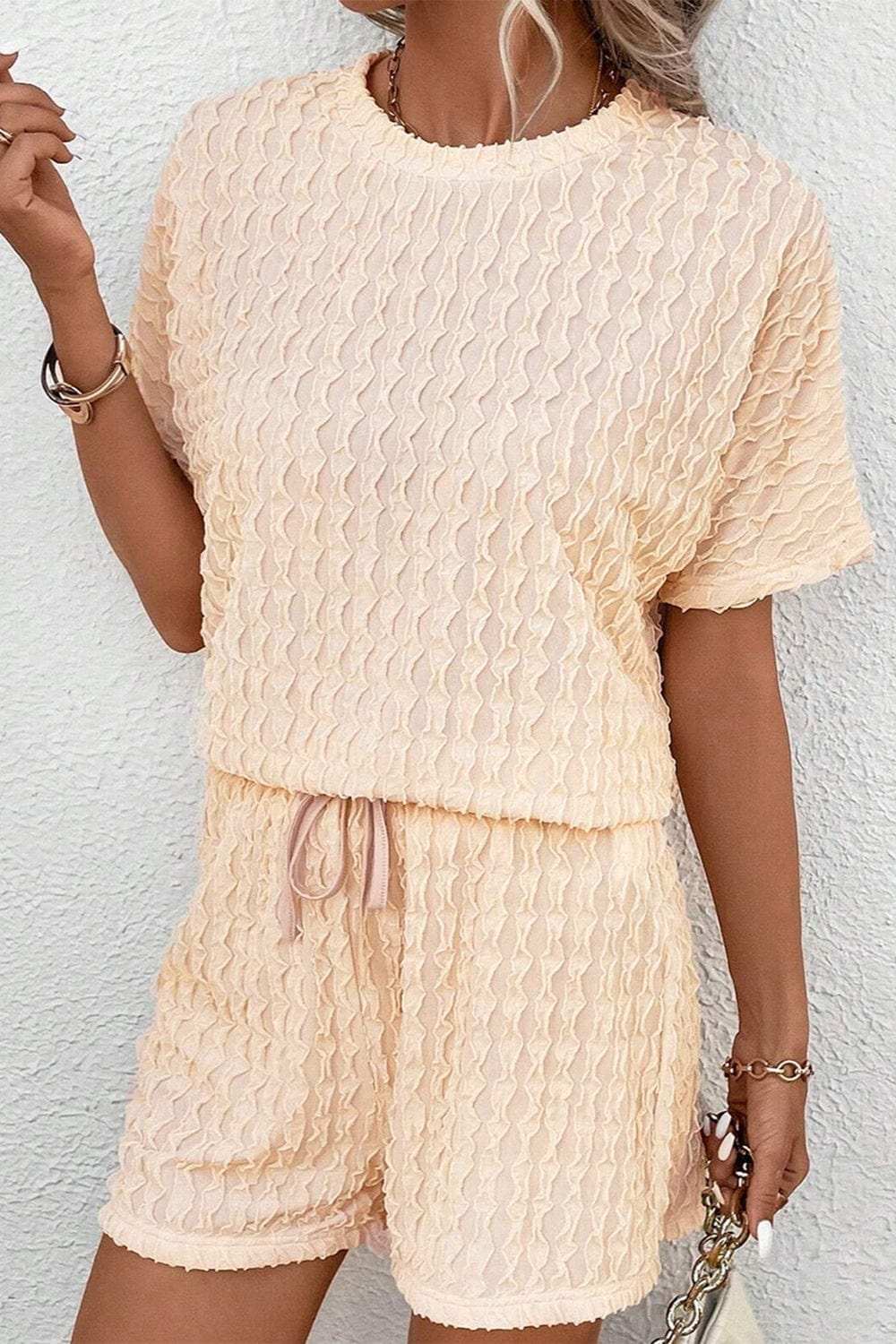 Textured Round Neck Top and Shorts Set - Trendsi - Flyclothing LLC