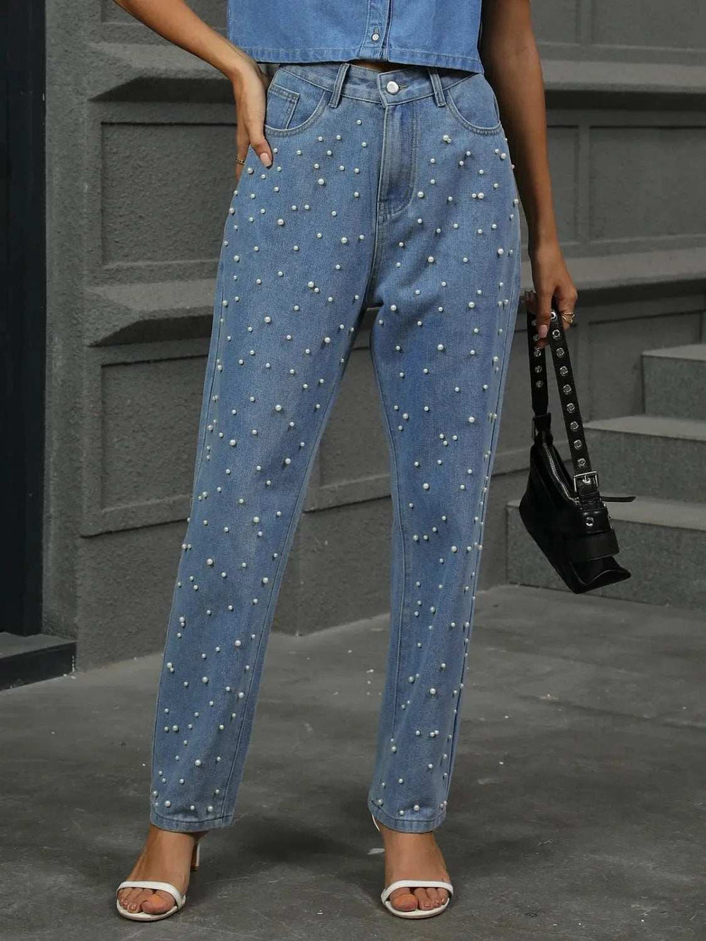 Pearl Detail Jeans with Pockets - Trendsi - Flyclothing LLC