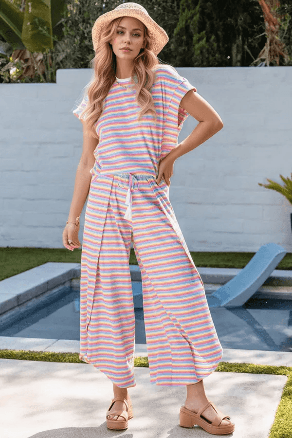 Striped Round Neck Short Sleeve Top and Pants Set - Trendsi - Flyclothing LLC