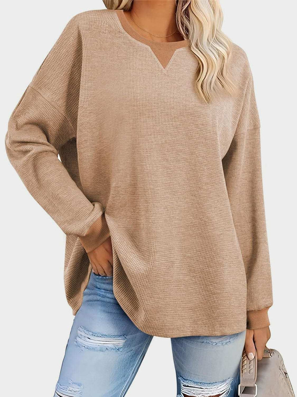 Waffle Knit Round Neck Long Sleeve T-Shirt - Trendsi - Flyclothing LLC