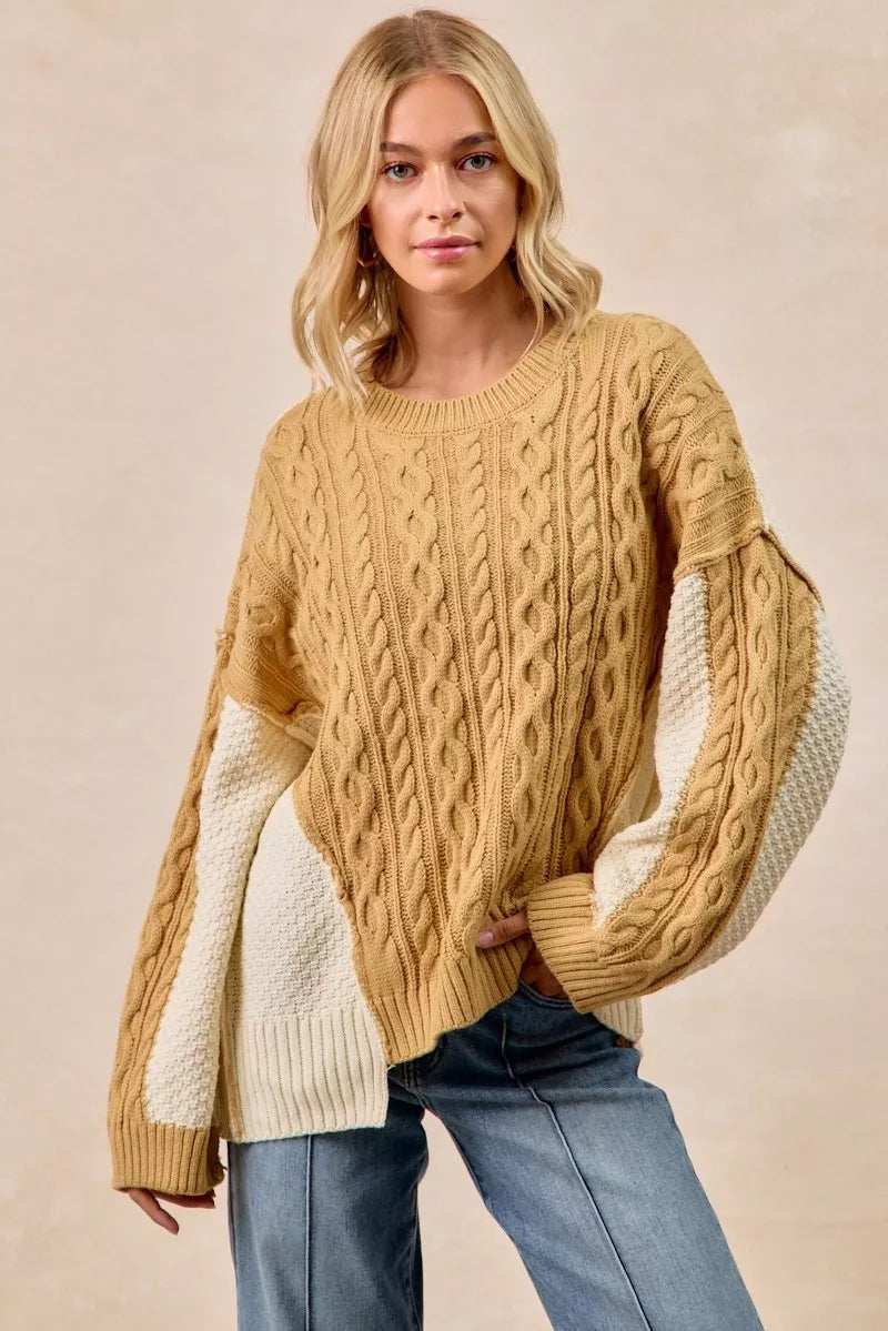 BiBi Cable Knit With Hacci Combo Sweater With Uneven Hem Detail - Trendsi - Flyclothing LLC