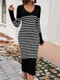 Striped V-Neck Long Sleeve Sweater Dress - Trendsi - Flyclothing LLC