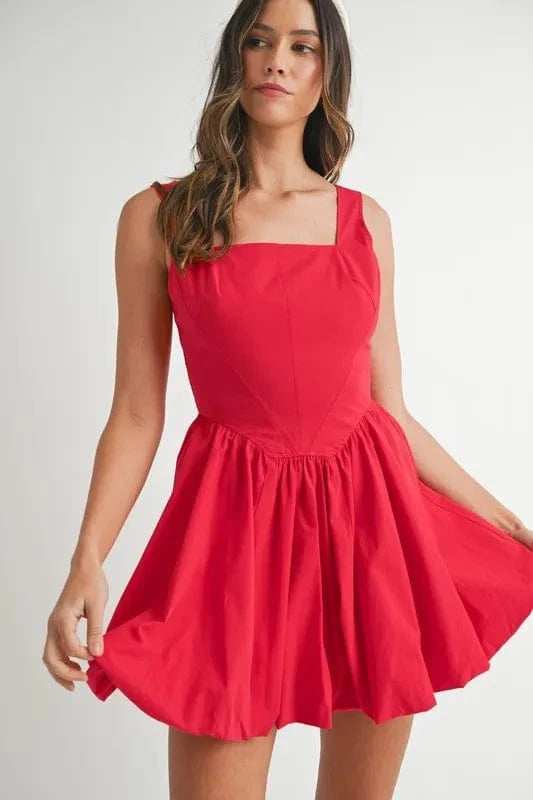 MABLE Poplin Square Neckline Bubble Mini Dress - Trendsi - Flyclothing LLC
