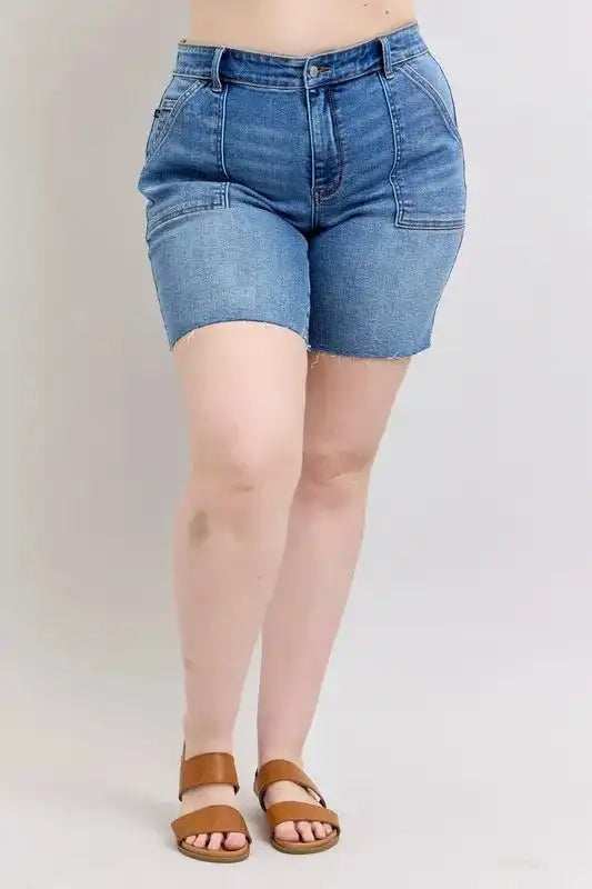 Judy Blue Full Size Mid Rise Bermudas Denim Shorts W/ Back Flap Pockets Plus Size - Trendsi - Flyclothing LLC