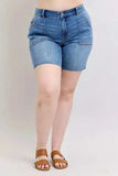 Judy Blue Full Size Mid Rise Bermudas Denim Shorts W/ Back Flap Pockets Plus Size - Trendsi - Flyclothing LLC