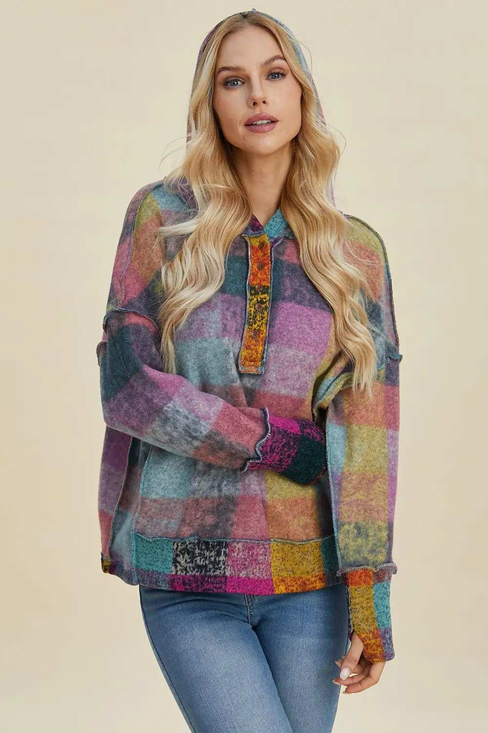 Double Take Full Size Plaid Dropped Shoulder Hoodie - Trendsi - Flyclothing LLC