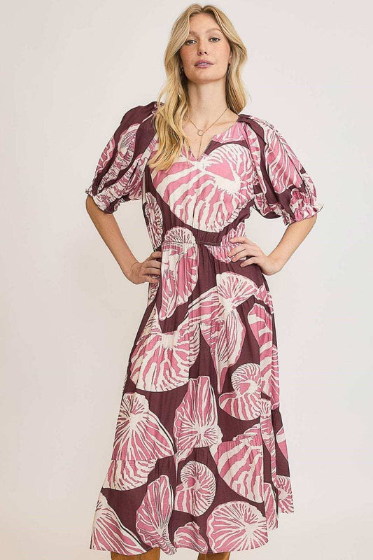 Umgee Full Size Printed Notched Puff Sleeve Midi Dress Plus Size - Trendsi - Flyclothing LLC