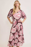 Umgee Full Size Printed Notched Puff Sleeve Midi Dress Plus Size - Trendsi - Flyclothing LLC