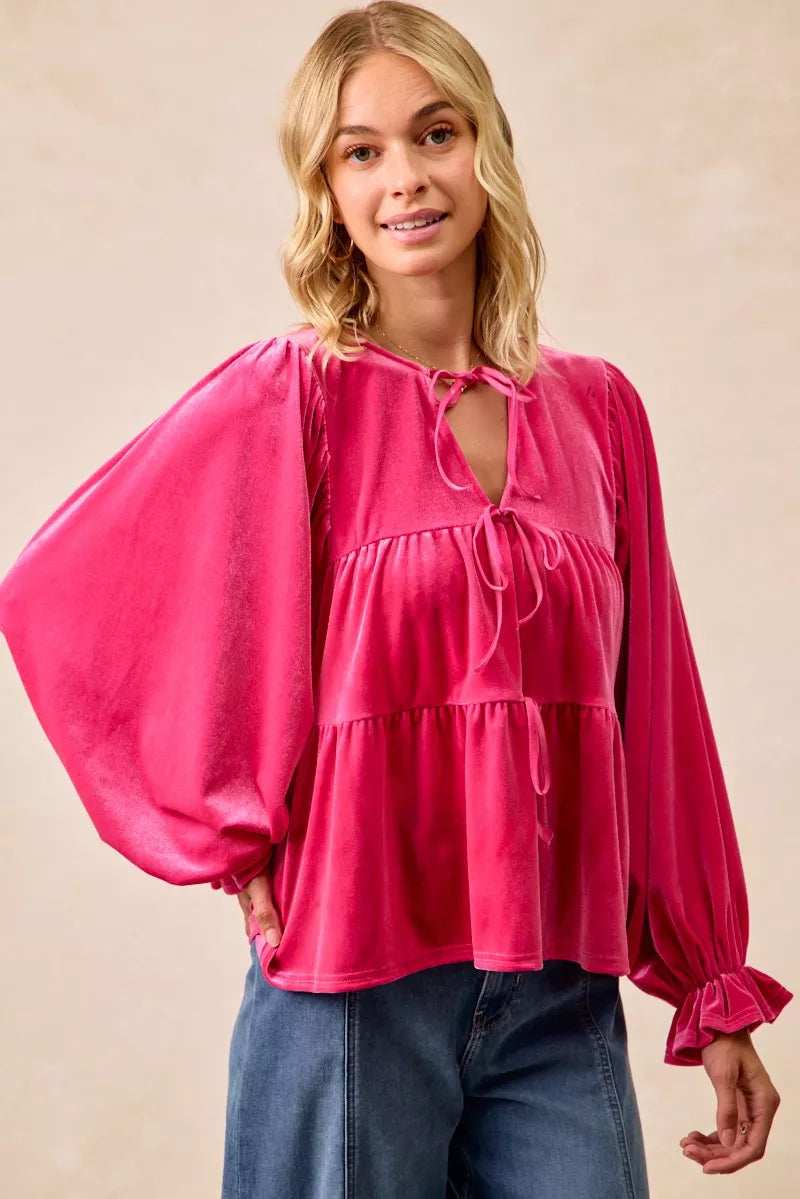 BiBi Christmas Theme Velvet Bow Tied Blouse - Trendsi - Flyclothing LLC