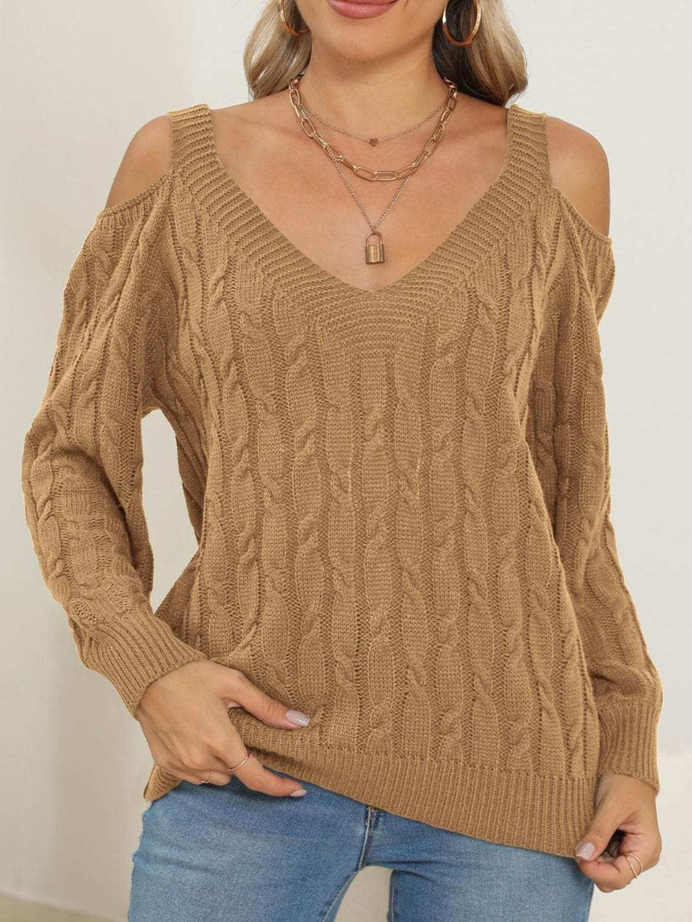 Cable-Knit V-Neck Long Sleeve Sweater - Trendsi - Flyclothing LLC