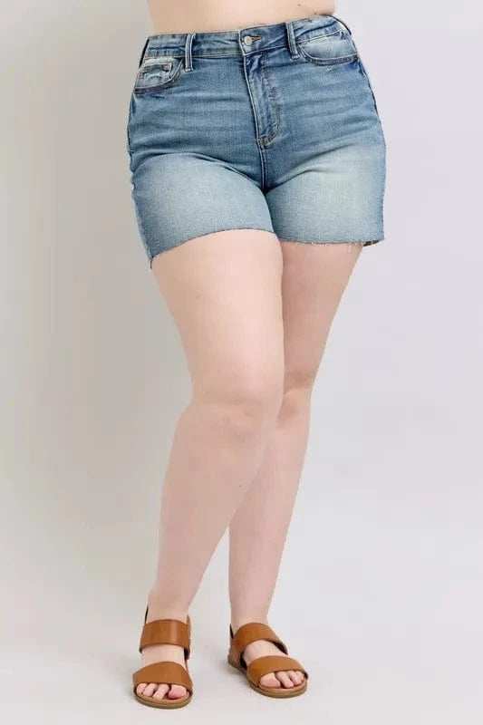 Judy Blue Full Size High Waist Star Seam Detail Denim Shorts Plus Size - Trendsi - Flyclothing LLC