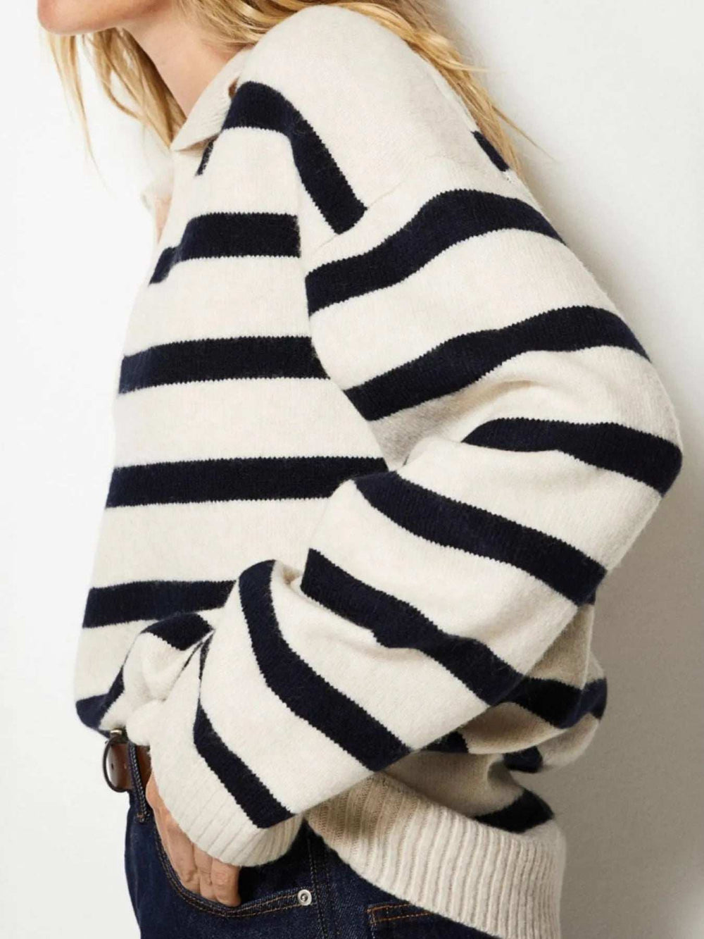 Striped Johnny Collar Long Sleeve Sweater - Trendsi - Flyclothing LLC