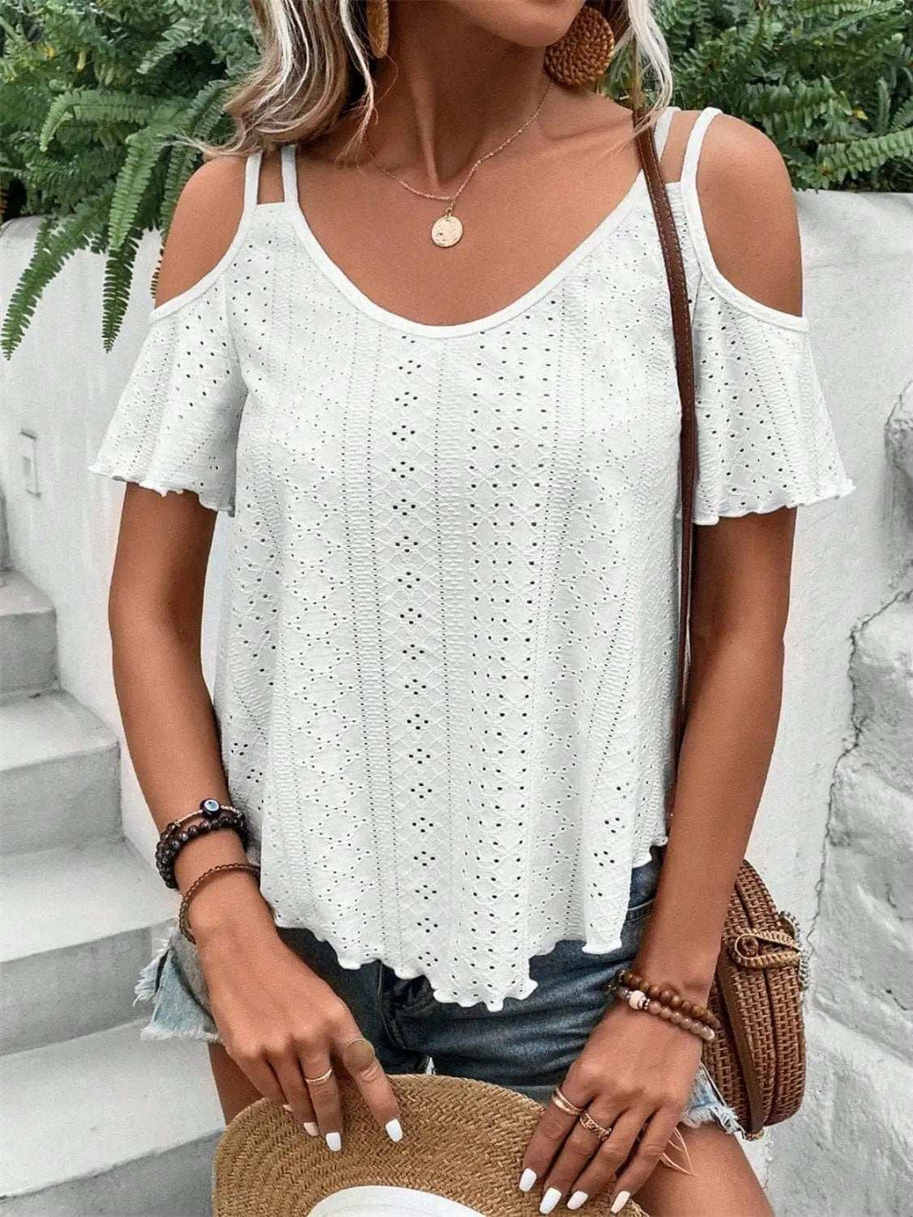 Eyelet Cold Shoulder Short Sleeve Blouse - Trendsi - Flyclothing LLC