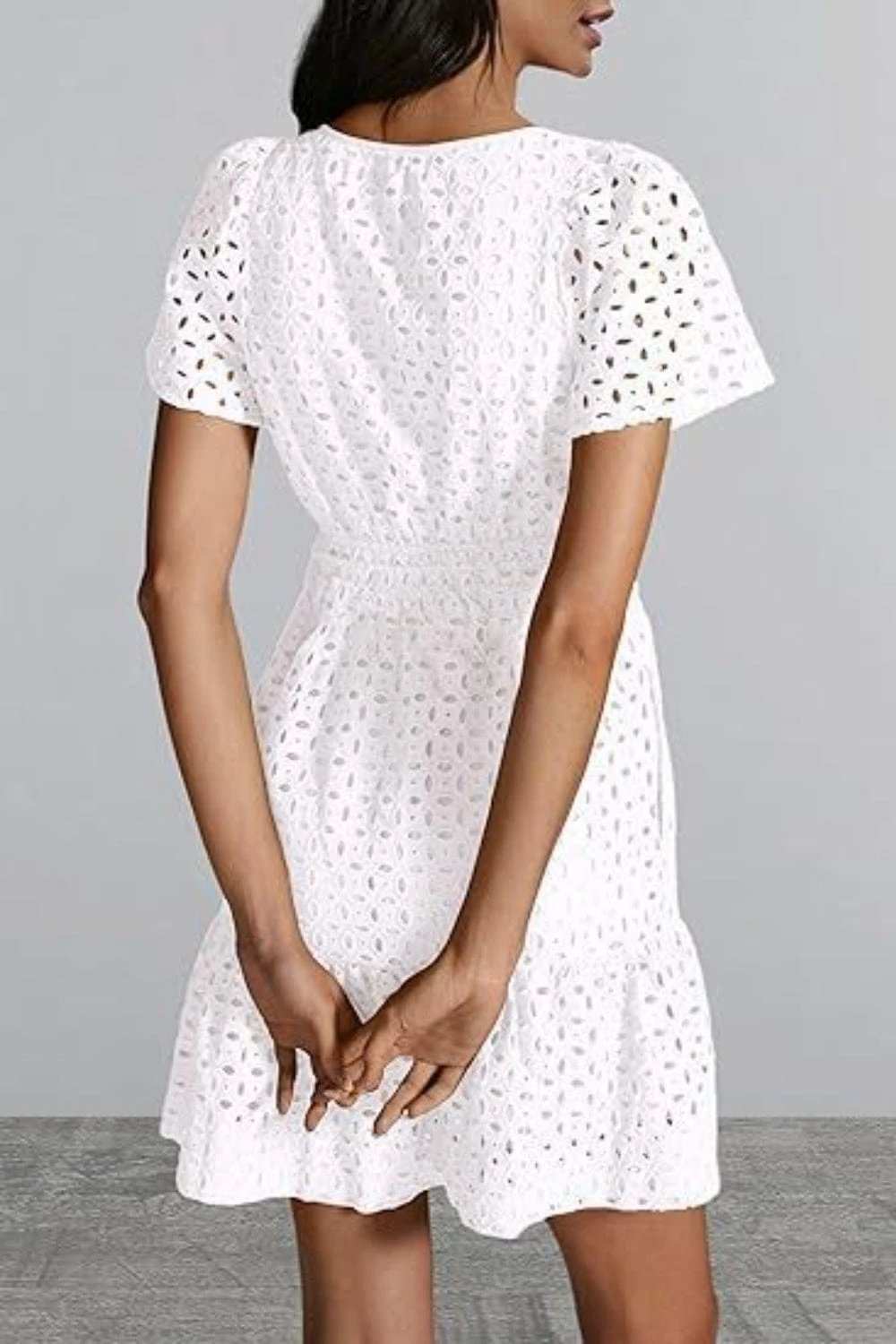 Eyelet Notched Short Sleeve Mini Dress - Trendsi - Flyclothing LLC
