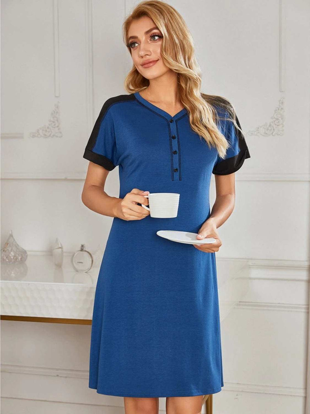 Contrast Stitching Contrast Short Sleeve Dress - Trendsi - Flyclothing LLC