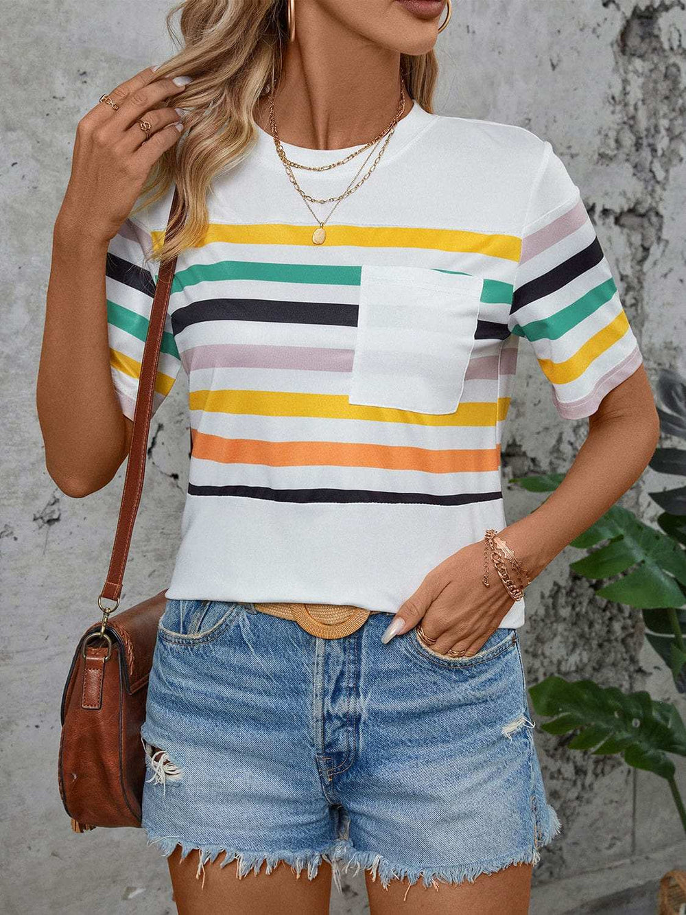 Striped Round Neck Short Sleeve T-Shirt - Trendsi - Flyclothing LLC