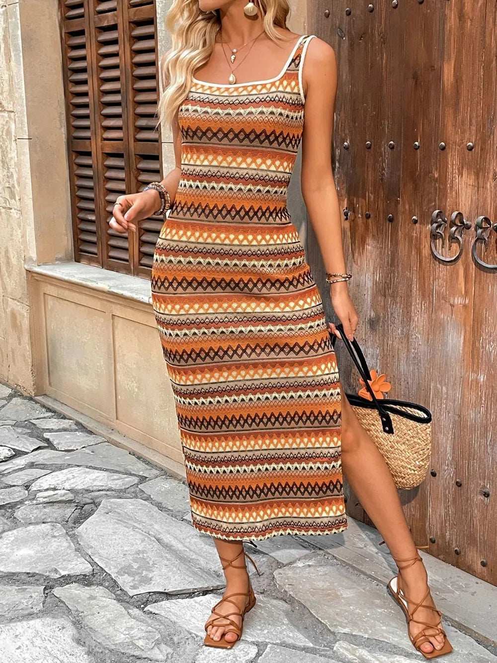 Perfee Side Slit Contrast Sleeveless Midi Tank Dress - Trendsi - Flyclothing LLC