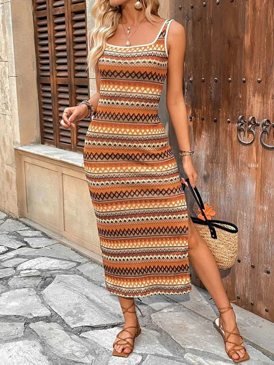 Perfee Side Slit Contrast Sleeveless Midi Tank Dress - Trendsi - Flyclothing LLC