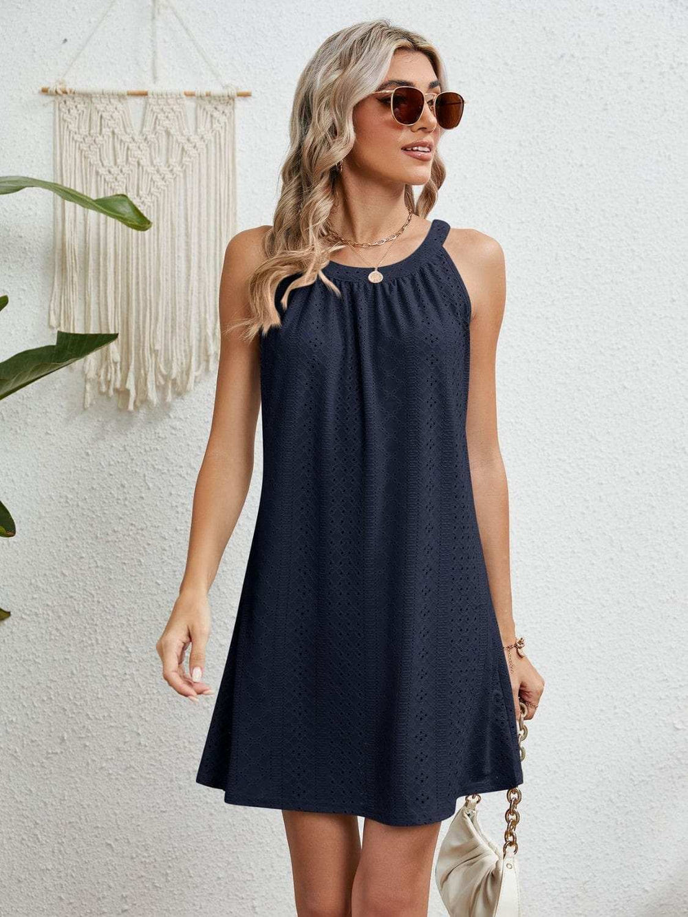 Eyelet Grecian Neck Mini Dress - Trendsi - Flyclothing LLC