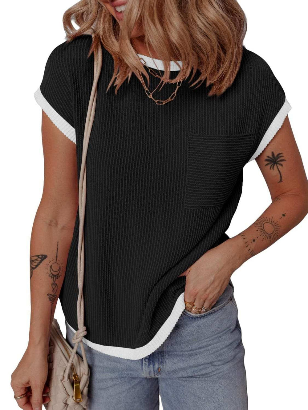 Contrast Trim Round Neck Short Sleeve T-Shirt - Trendsi - Flyclothing LLC