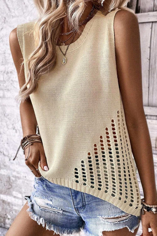 Openwork Round Neck Knit Vest - Trendsi - Flyclothing LLC