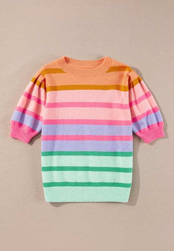 Striped Round Neck Half Sleeve Sweater - Trendsi - Flyclothing LLC