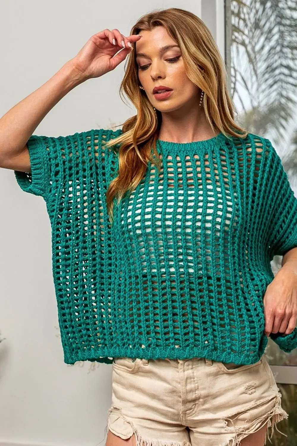 BiBi Hollowed Out Short Sleeve Knit Cover Up - Trendsi - Flyclothing LLC