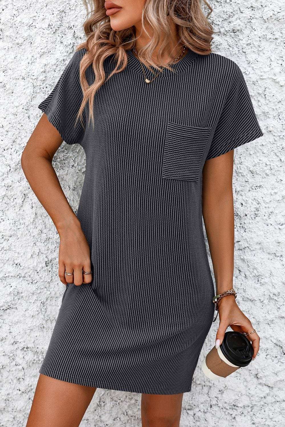 Ribbed Striped Short Sleeve Mini Tee Dress - Trendsi - Flyclothing LLC