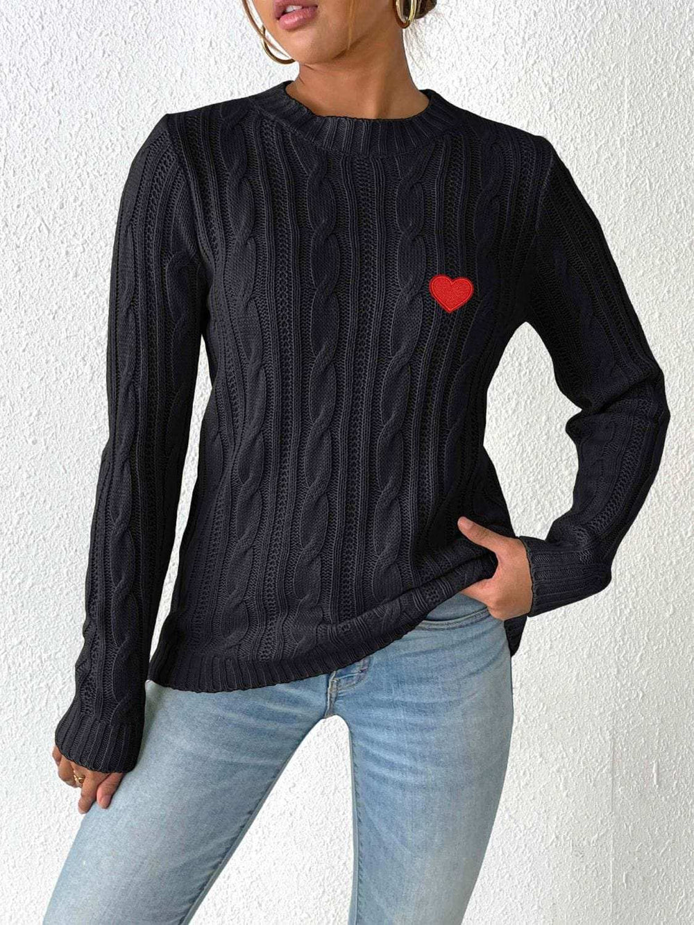 Cable-Knit Heart Round Neck Long Sleeve Sweater - Trendsi - Flyclothing LLC