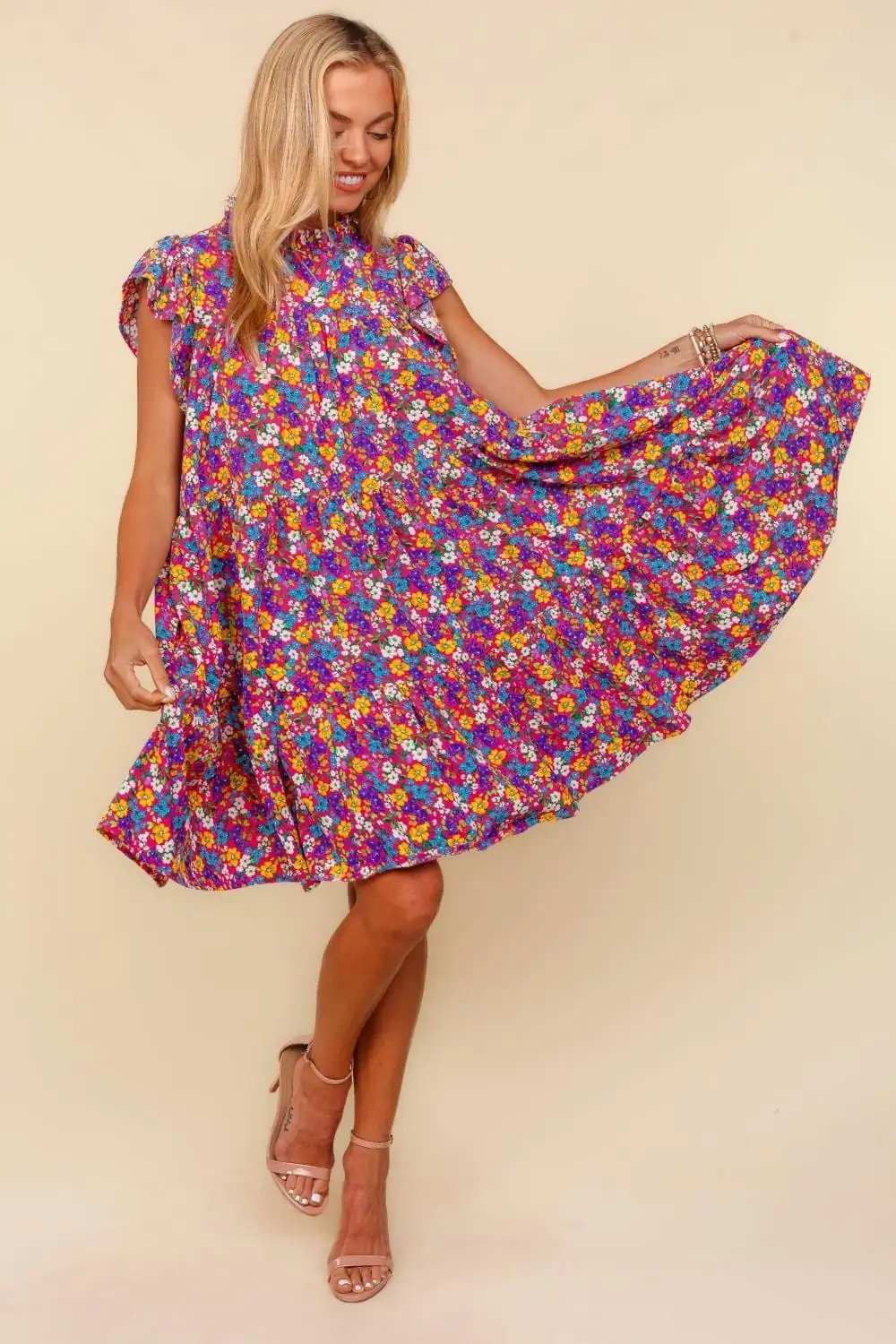 Haptics Frilled Mock Neck Ditsy Floral Dress - Trendsi - Flyclothing LLC