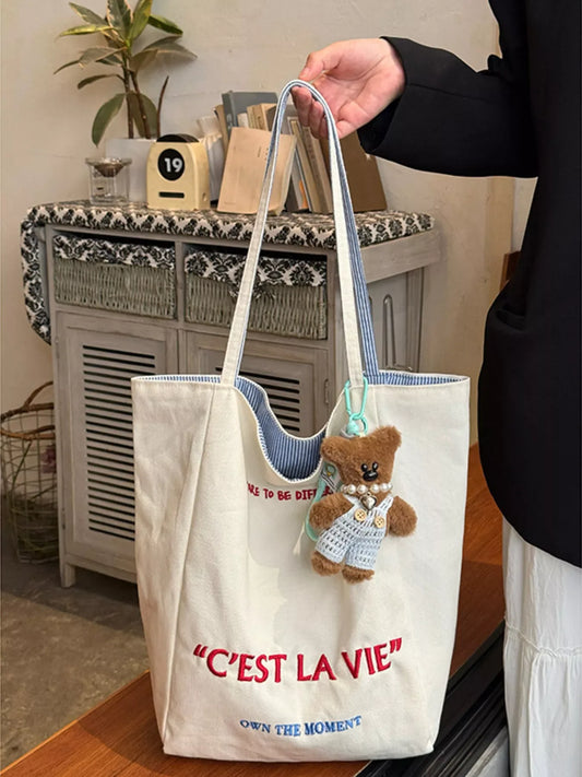 Letter Embroidered Canvas Shoulder Bag - Trendsi - Flyclothing LLC