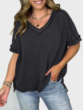 Lovelet Texture V-Neck Half Sleeve T-Shirt - Trendsi - Flyclothing LLC