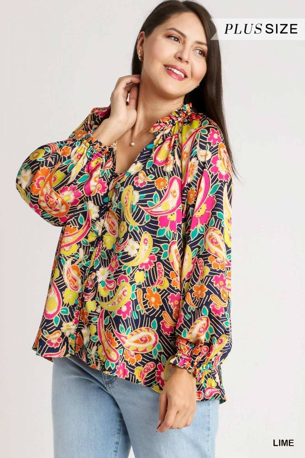 Umgee Full Size Satin Paisley Ruffle Neck Button-Up Shirt Plus Size - Trendsi - Flyclothing LLC