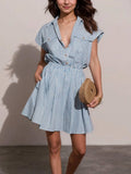 Hlaf Button Striped Cap Sleeve Mini Shirt Dress - Trendsi - Flyclothing LLC