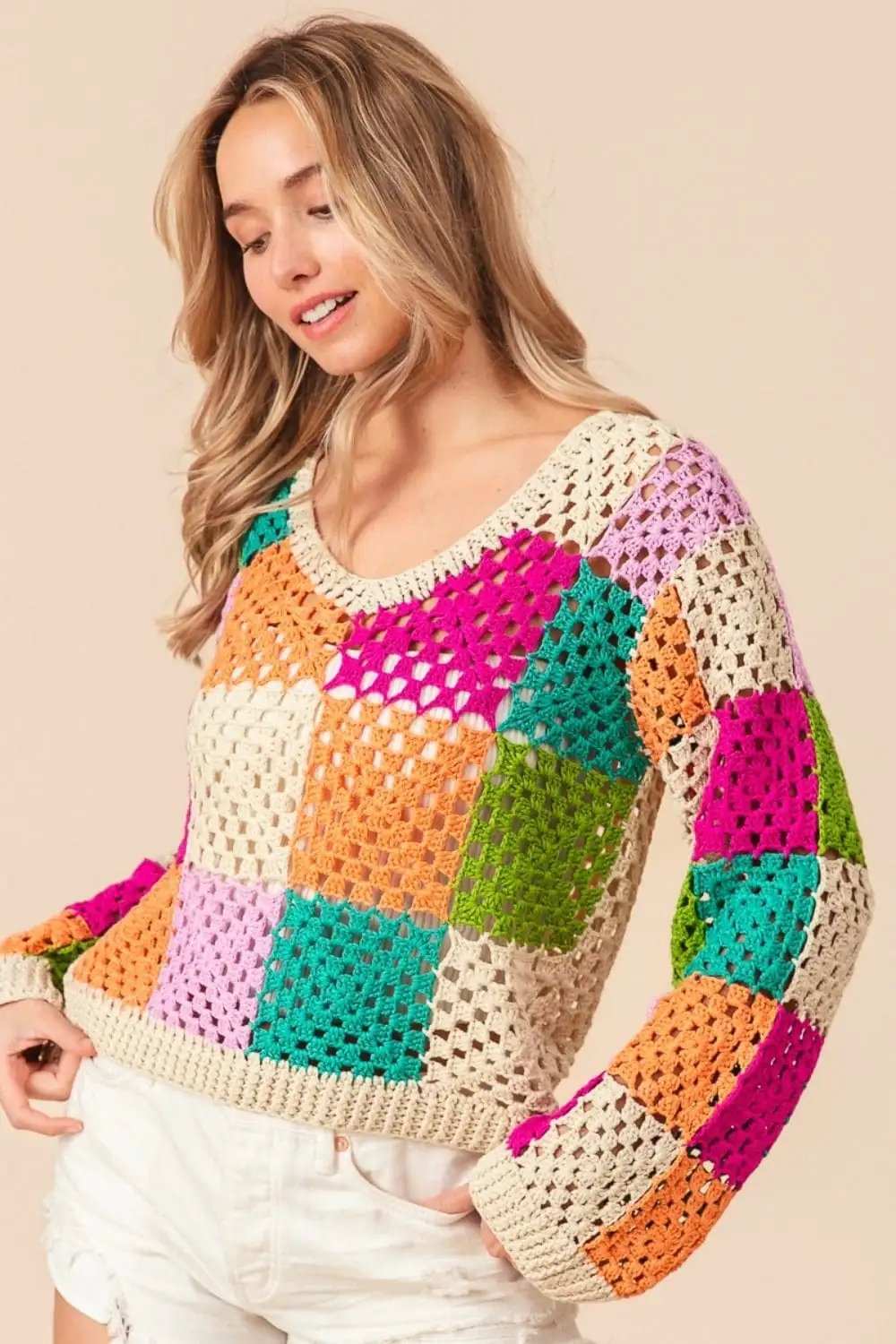 BiBi Multi Color Checkered Long Sleeve Knit Top - Trendsi - Flyclothing LLC