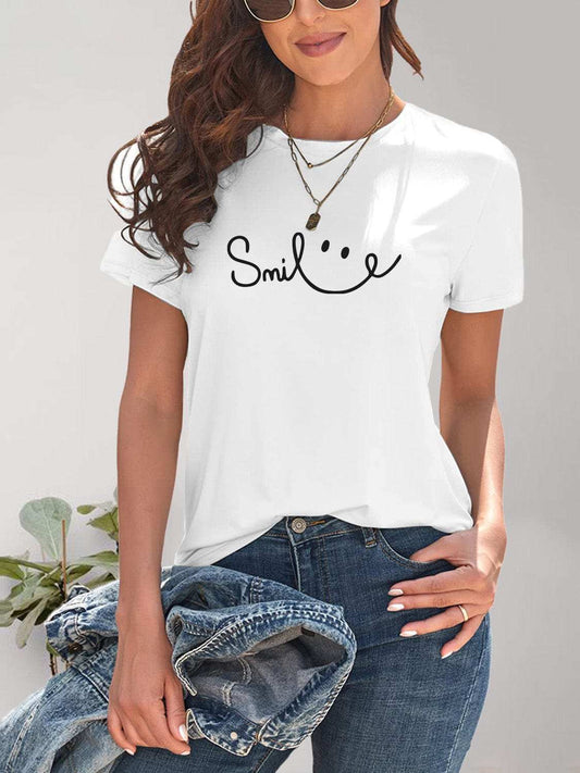 SMILE Round Neck Short Sleeve T-Shirt - Trendsi - Flyclothing LLC