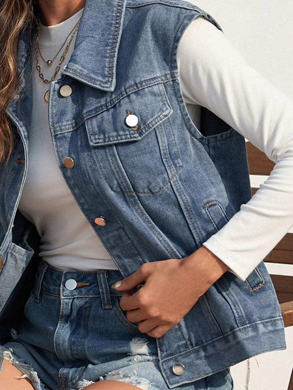 Collared Neck Sleeveless Denim Jacket - Trendsi - Flyclothing LLC