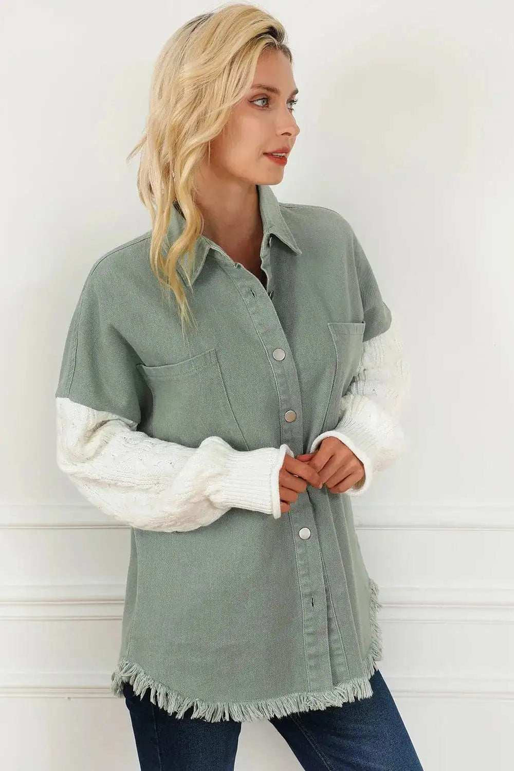 Raw Hem Collared Neck Button Up Long Sleeve Jacket - Trendsi - Flyclothing LLC