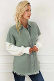 Raw Hem Collared Neck Button Up Long Sleeve Jacket - Trendsi - Flyclothing LLC