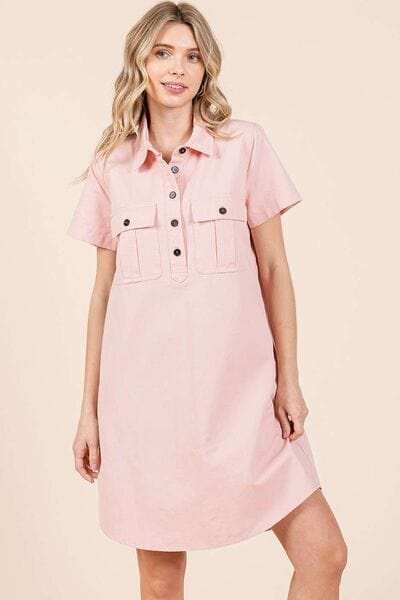 Mittoshop Button Detail Collared Neck Short Sleeve Shirt Dress - Trendsi - Flyclothing LLC