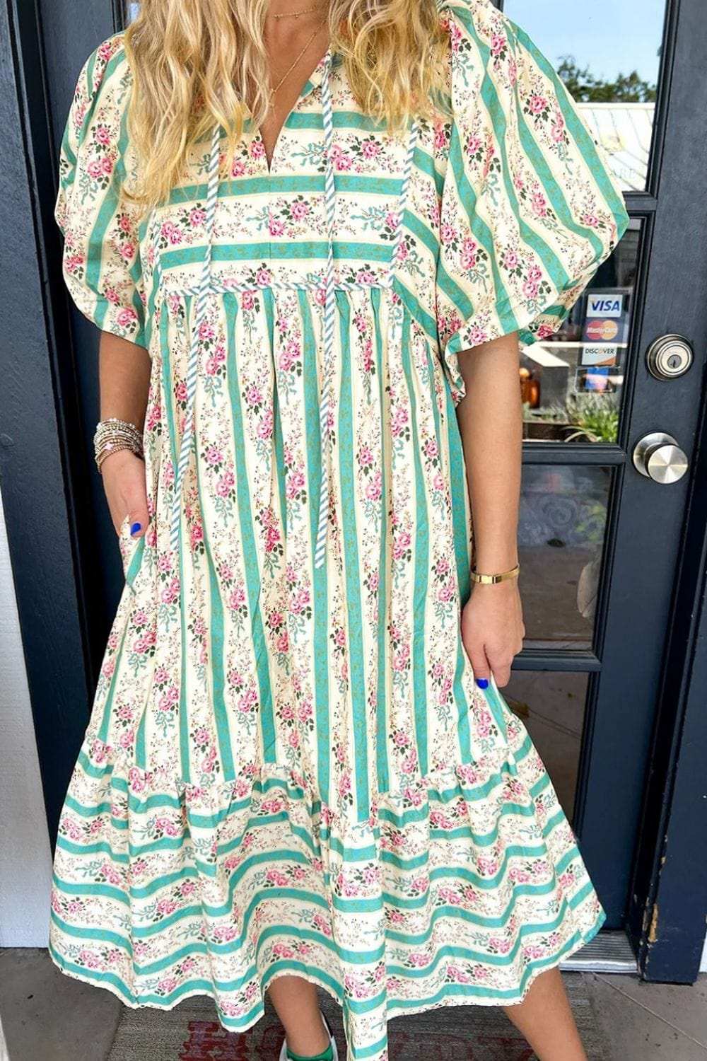 Striped Floral Print Tie Neck Puff Sleeve Midi Dress - Trendsi - Flyclothing LLC