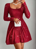 Backless Glitter Square Neck Long Sleeve Mini Dress - Trendsi - Flyclothing LLC