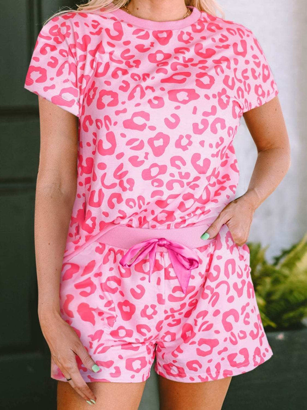 Leopard Round Neck Top and Shorts Lounge Set - Trendsi - Flyclothing LLC