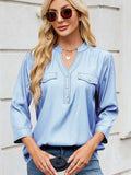 Notched Three-Quarter Sleeve Denim Top - Trendsi - Flyclothing LLC