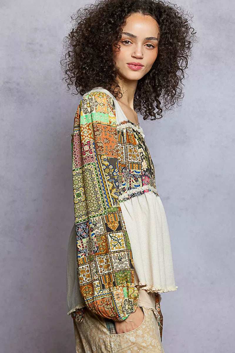 POL Balloon Sleeve Peplum Blouse with Trim Detail - Trendsi - Flyclothing LLC