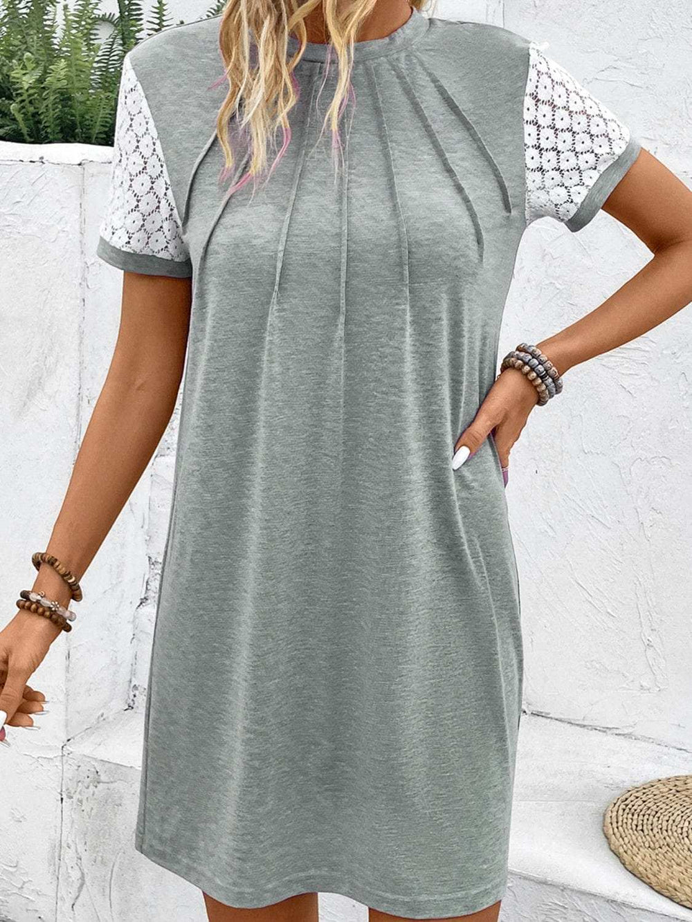 Lace Detail Round Neck Short Sleeve Mini Dress - Trendsi - Flyclothing LLC
