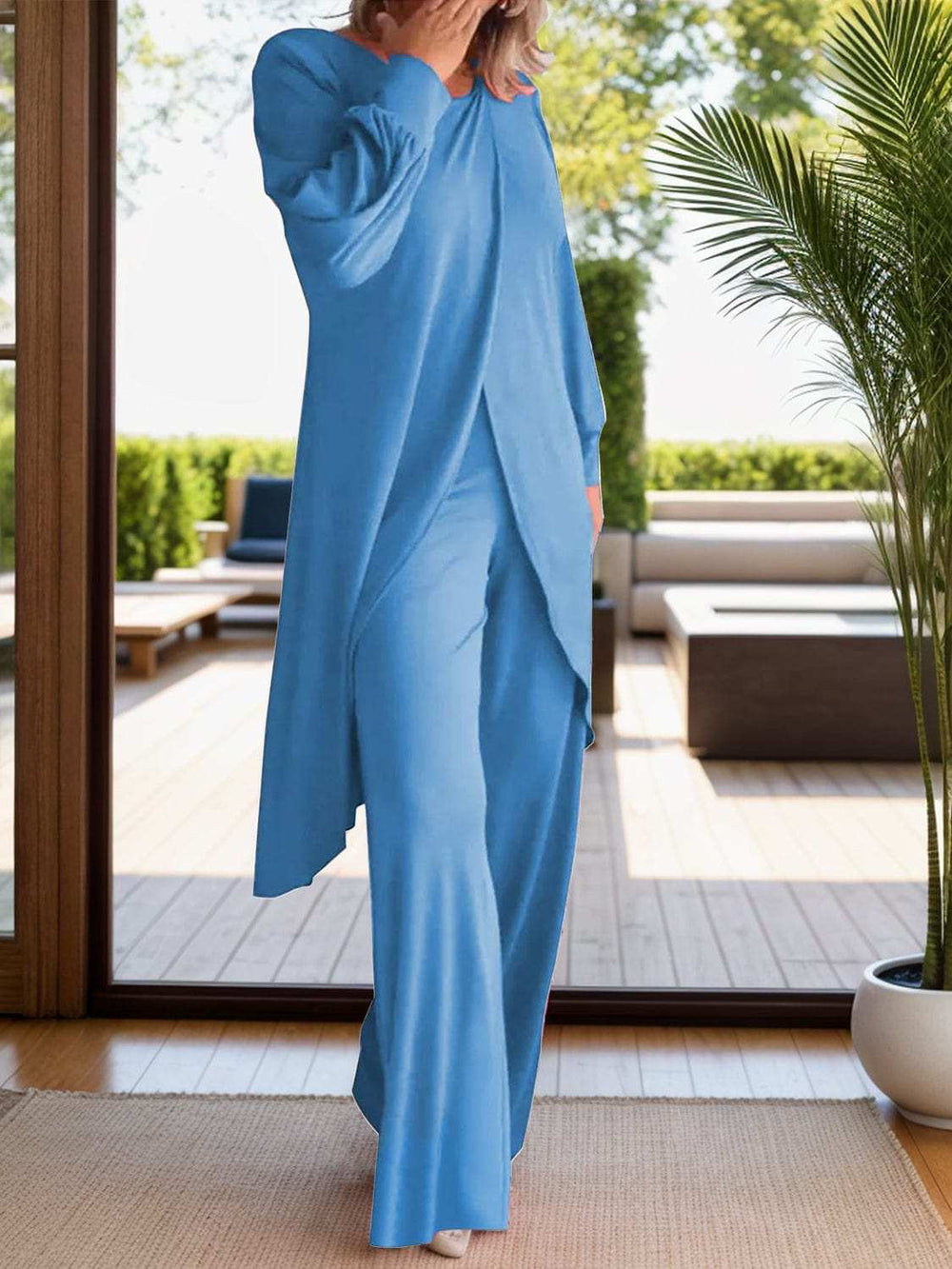 Full Size Slit Round Neck Long Sleeve Top and Pants Set - Trendsi - Flyclothing LLC