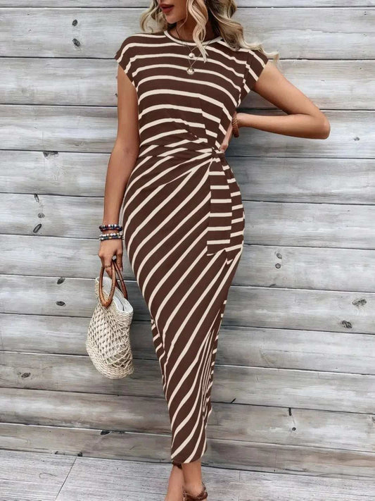 Striped Round Neck Cap Sleeve Midi Dress - Trendsi - Flyclothing LLC